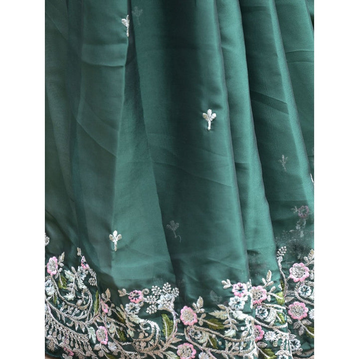 Odette Dark Green Embroidered Satin Georgette Saree with Unstitched Blouse for Women