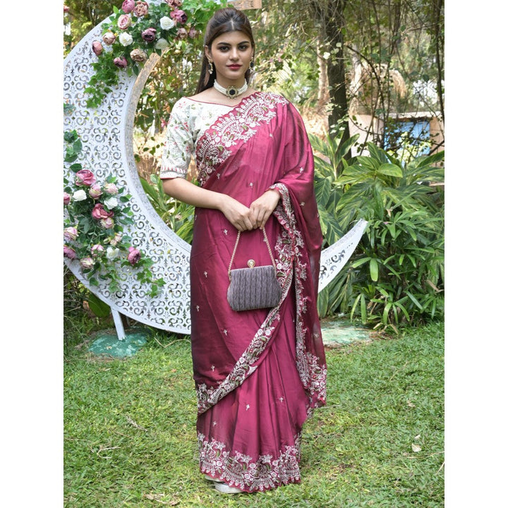 Odette Maroon Embroidered Satin Georgette Saree with Unstitched Blouse for Women