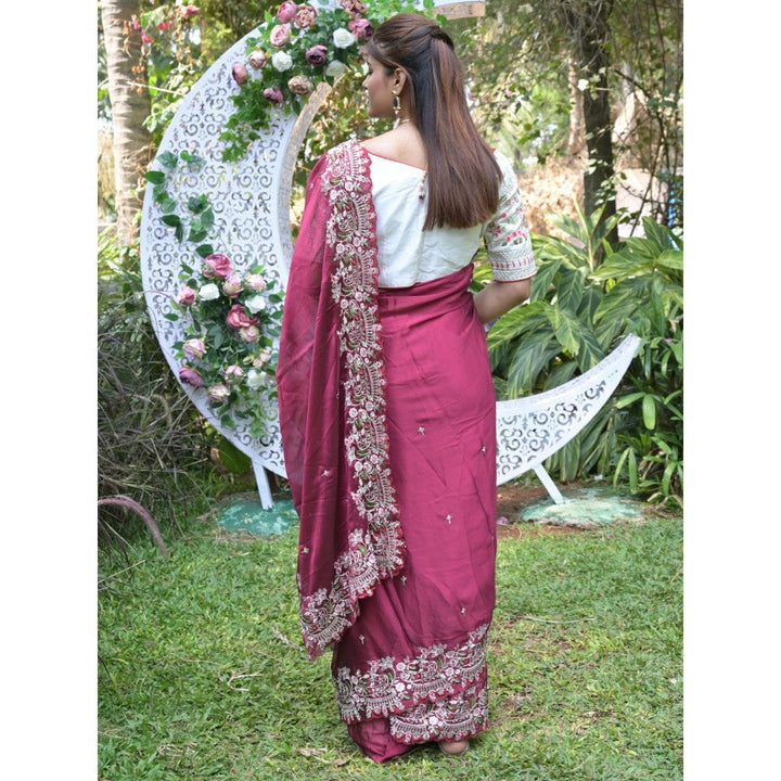 Odette Maroon Embroidered Satin Georgette Saree with Unstitched Blouse for Women