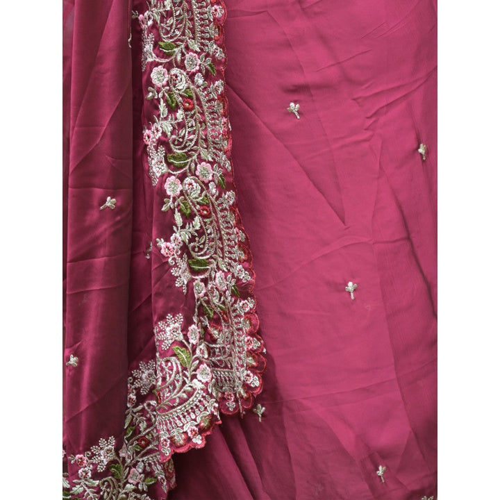 Odette Maroon Embroidered Satin Georgette Saree with Unstitched Blouse for Women