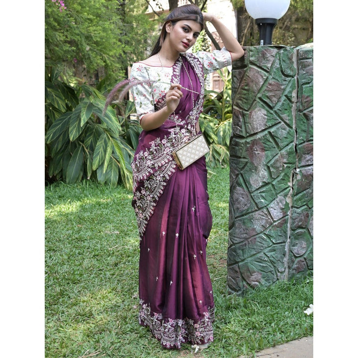 Odette Purple Embroidered Satin Georgette Saree with Unstitched Blouse for Women