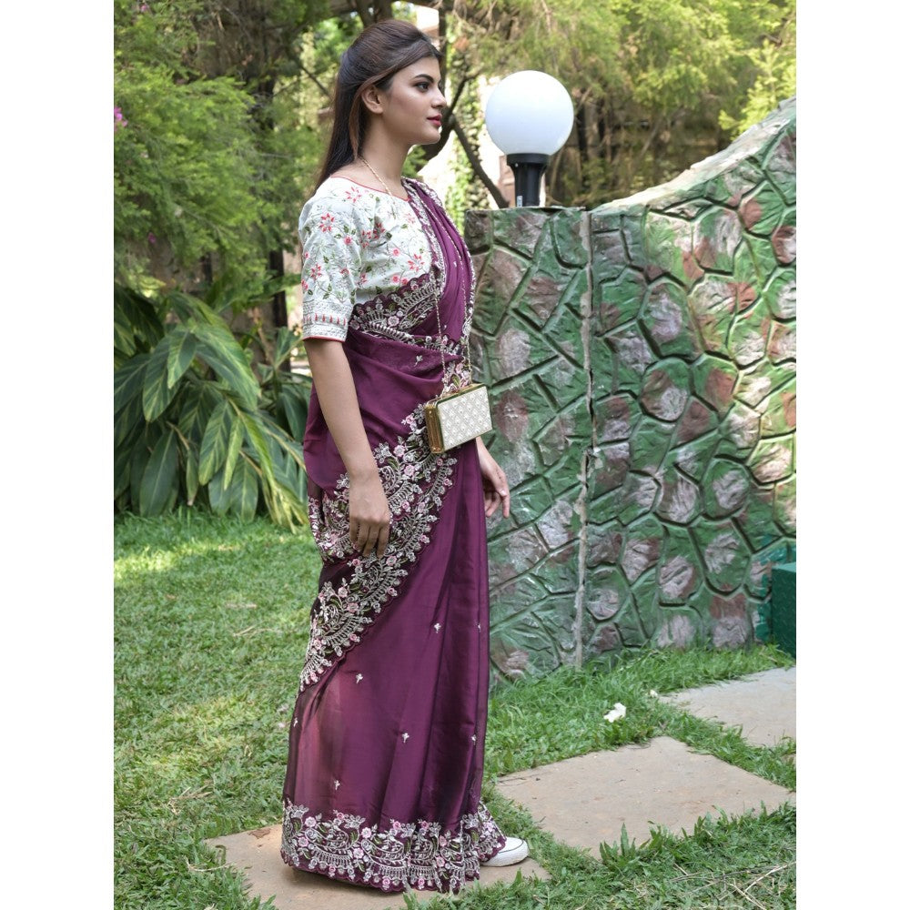 Odette Purple Embroidered Satin Georgette Saree with Unstitched Blouse for Women