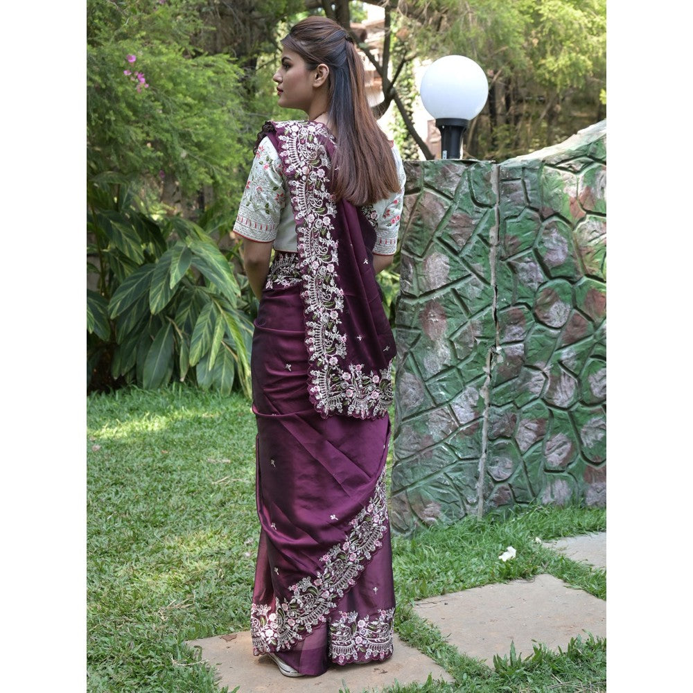 Odette Purple Embroidered Satin Georgette Saree with Unstitched Blouse for Women