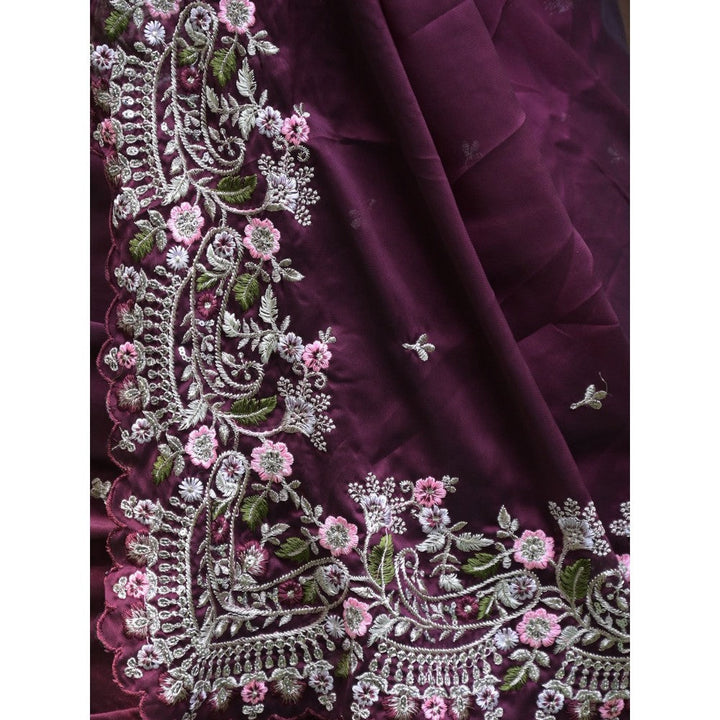 Odette Purple Embroidered Satin Georgette Saree with Unstitched Blouse for Women