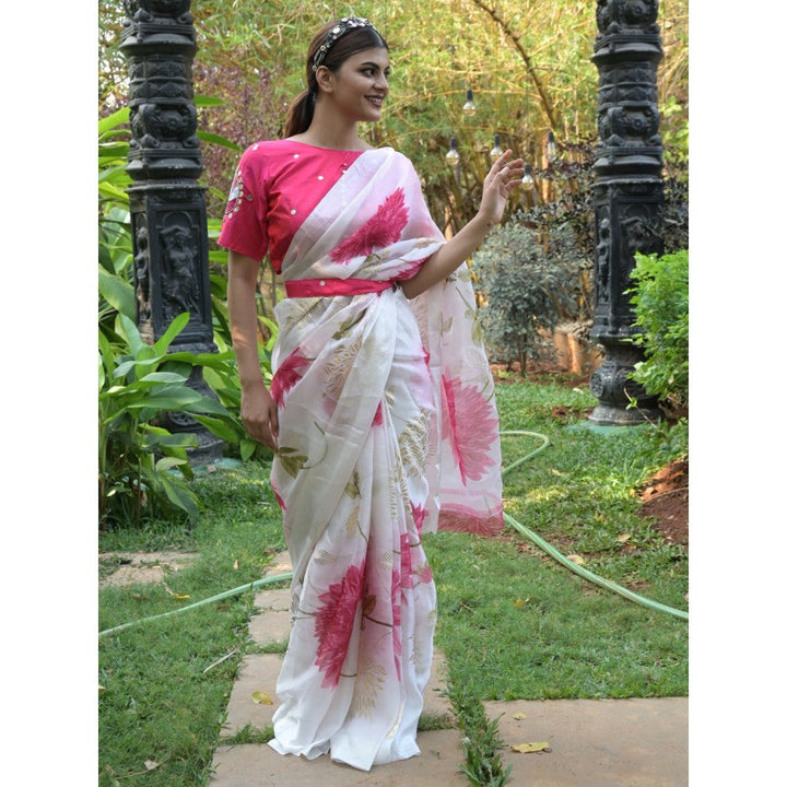 Odette Off White Floral Printed Soft Organza Saree with Unstitched Blouse for Women