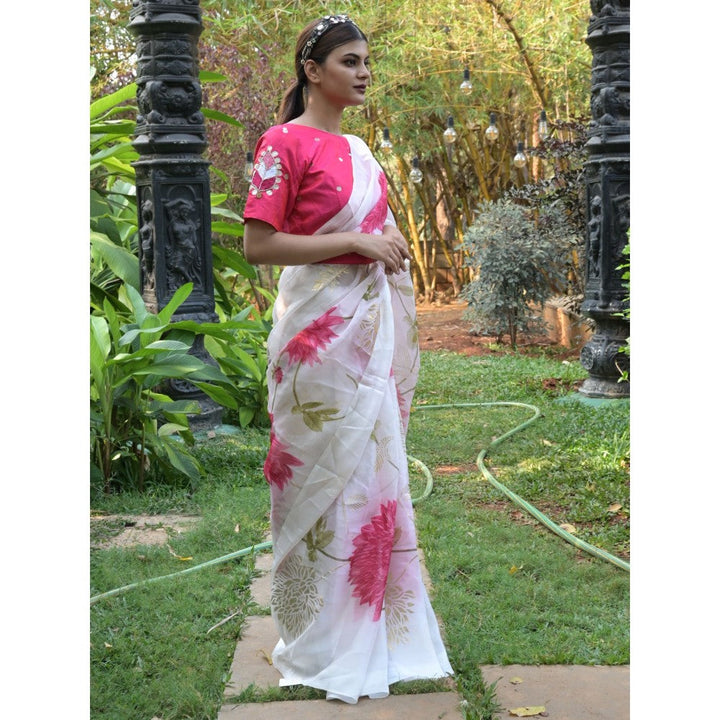 Odette Off White Floral Printed Soft Organza Saree with Unstitched Blouse for Women