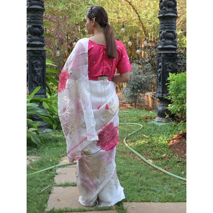 Odette Off White Floral Printed Soft Organza Saree with Unstitched Blouse for Women