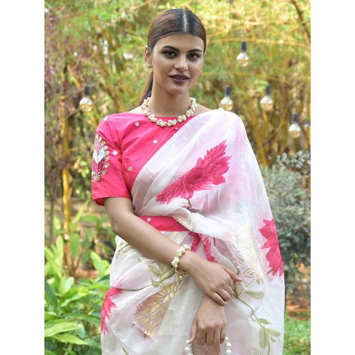 Odette Off White Floral Printed Soft Organza Saree with Unstitched Blouse for Women