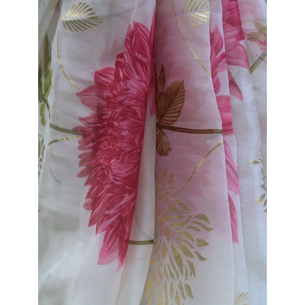 Odette Off White Floral Printed Soft Organza Saree with Unstitched Blouse for Women