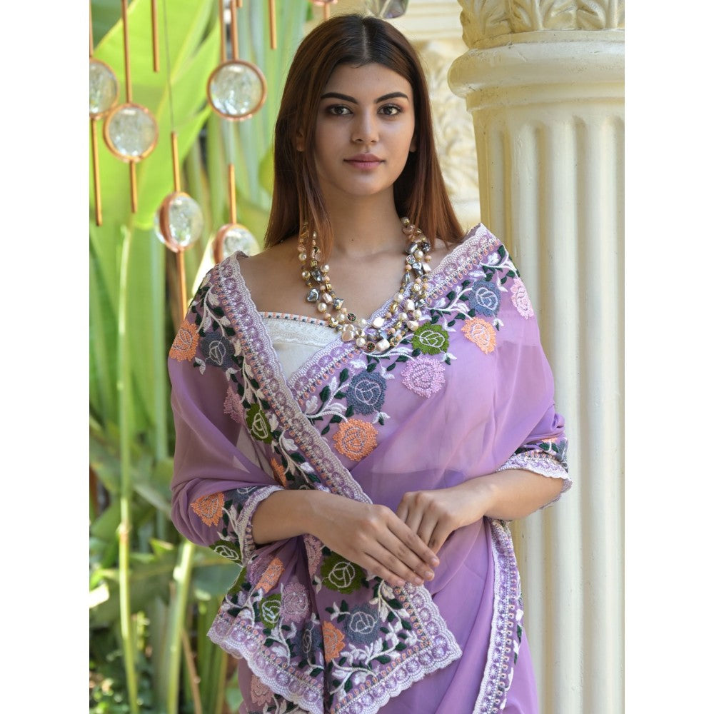 Odette Purple Embroidered Georgette Saree with Unstitched Blouse for Women