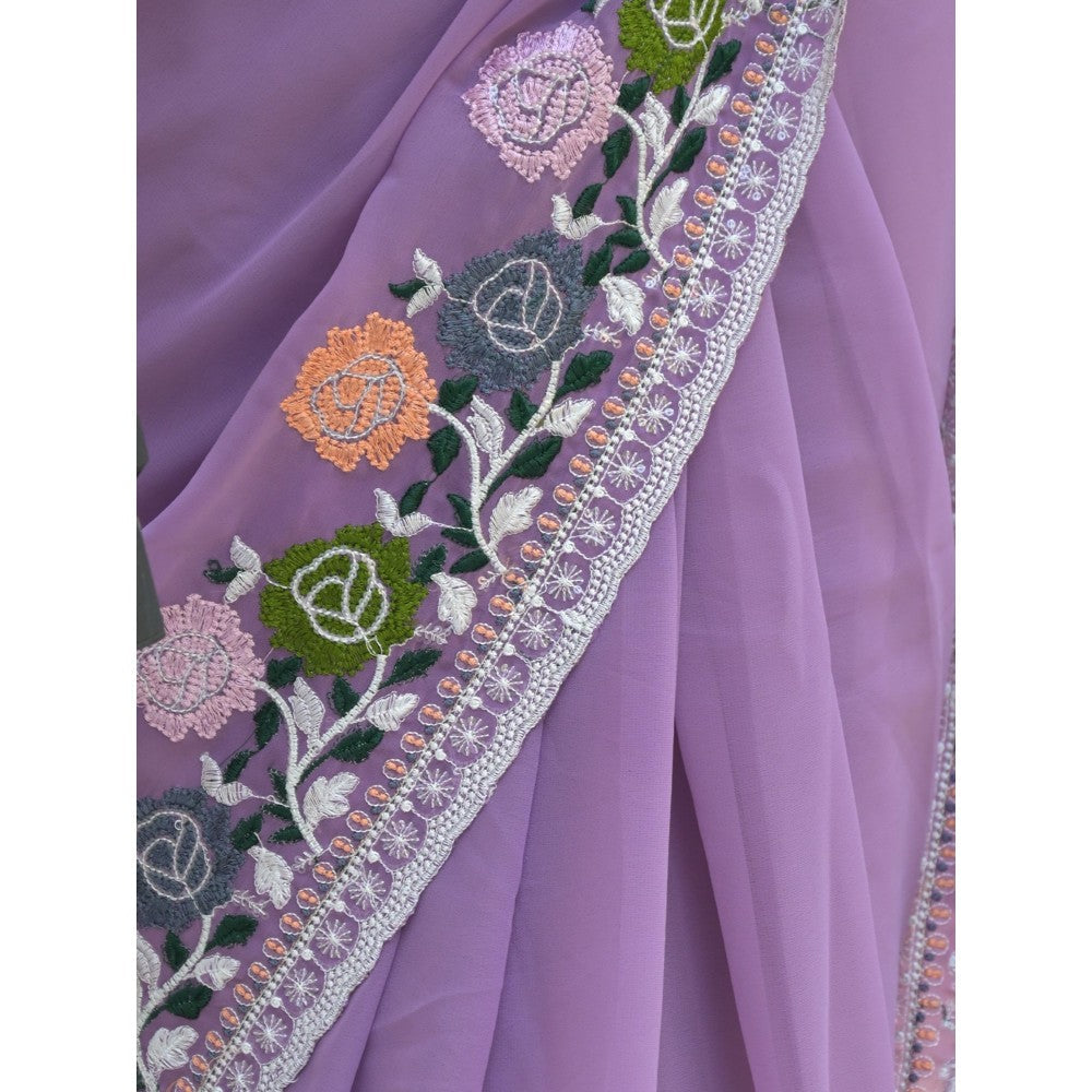 Odette Purple Embroidered Georgette Saree with Unstitched Blouse for Women