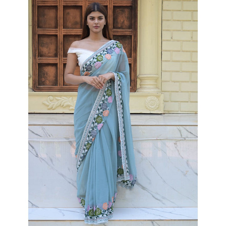 Odette Light Blue Embroidered Georgette Saree with Unstitched Blouse for Women