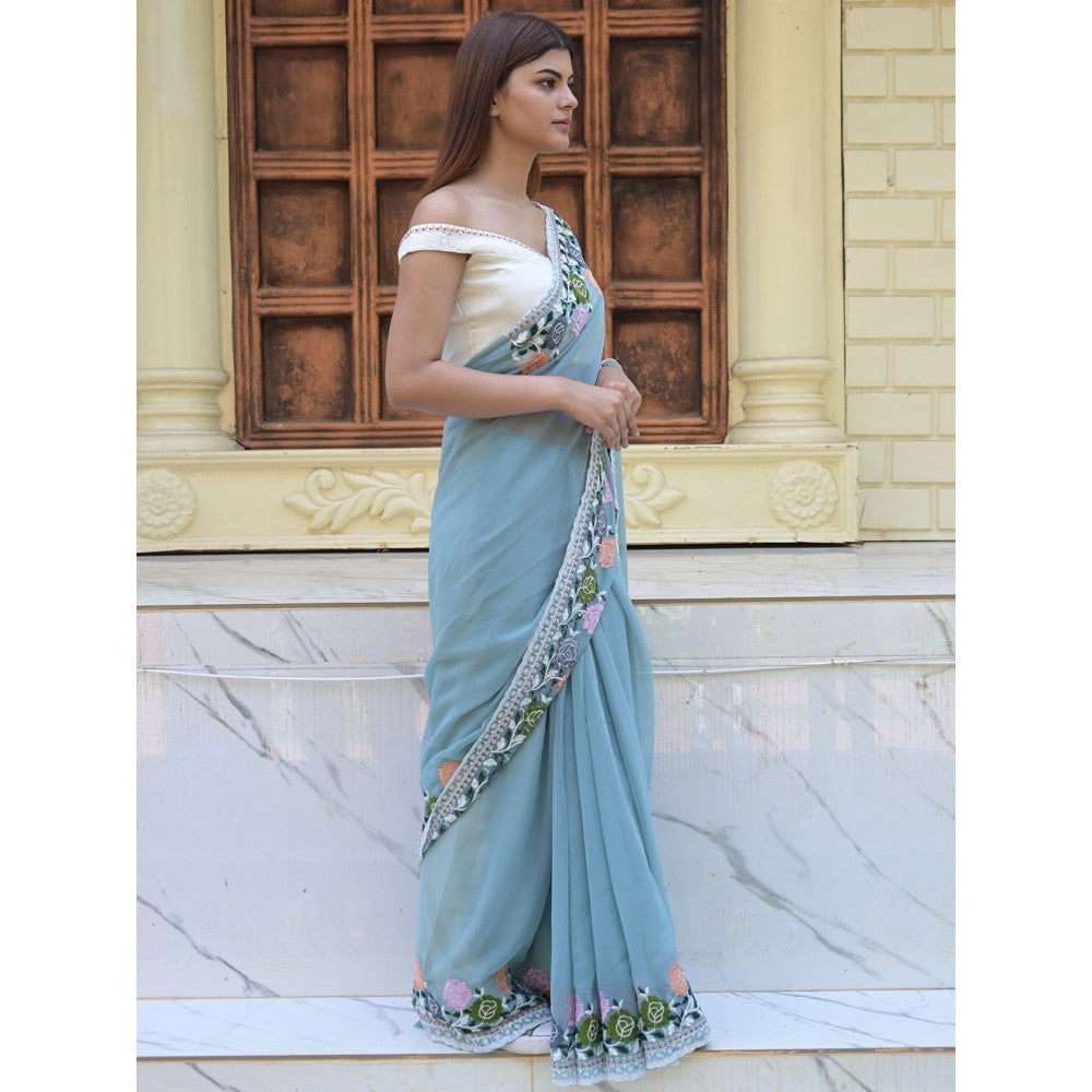 Odette Light Blue Embroidered Georgette Saree with Unstitched Blouse for Women