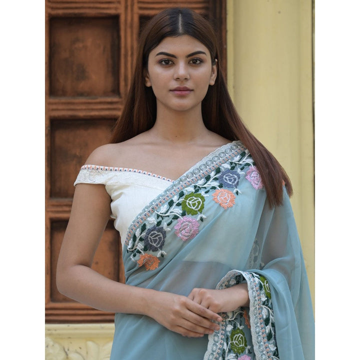 Odette Light Blue Embroidered Georgette Saree with Unstitched Blouse for Women