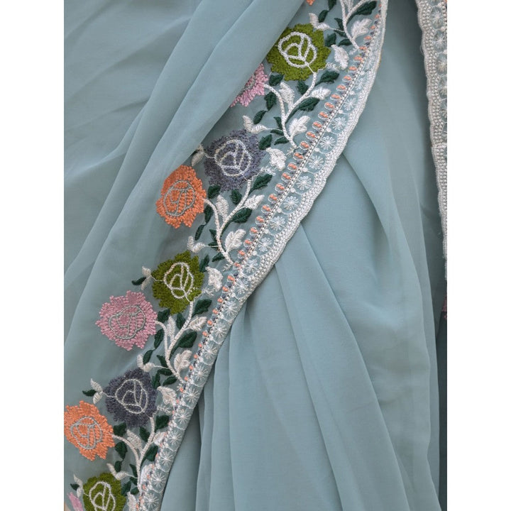 Odette Light Blue Embroidered Georgette Saree with Unstitched Blouse for Women