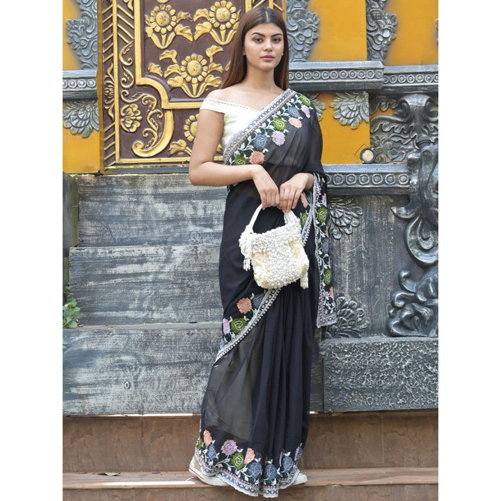 Odette Black Embroidered Georgette Saree with Unstitched Blouse for Women