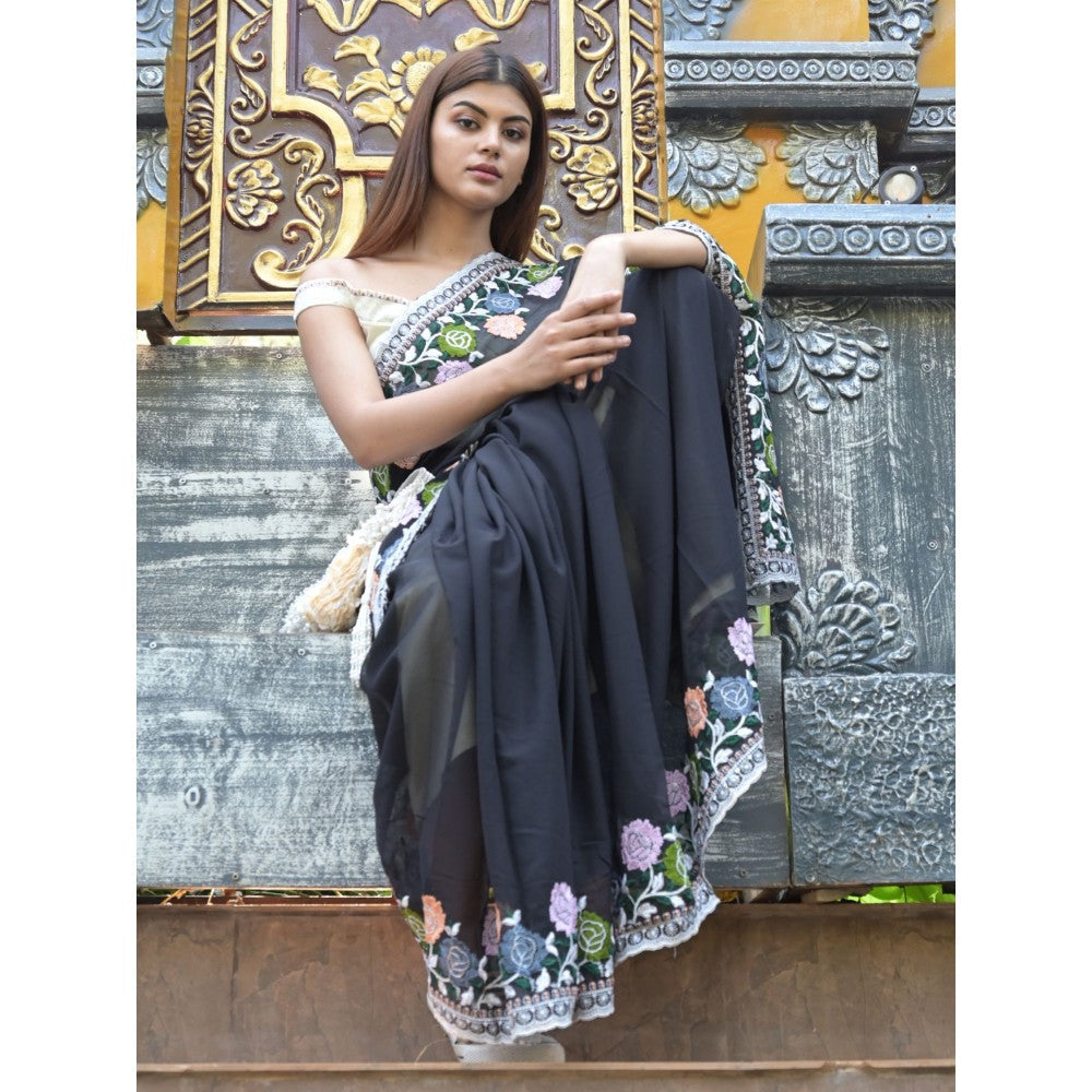 Odette Black Embroidered Georgette Saree with Unstitched Blouse for Women