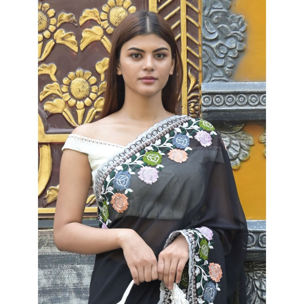 Odette Black Embroidered Georgette Saree with Unstitched Blouse for Women