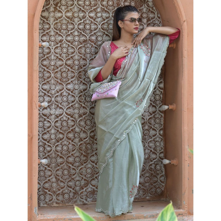 Odette Light Green Mirror Work Embroidered Jimmy Choo Saree with Unstitched Blouse