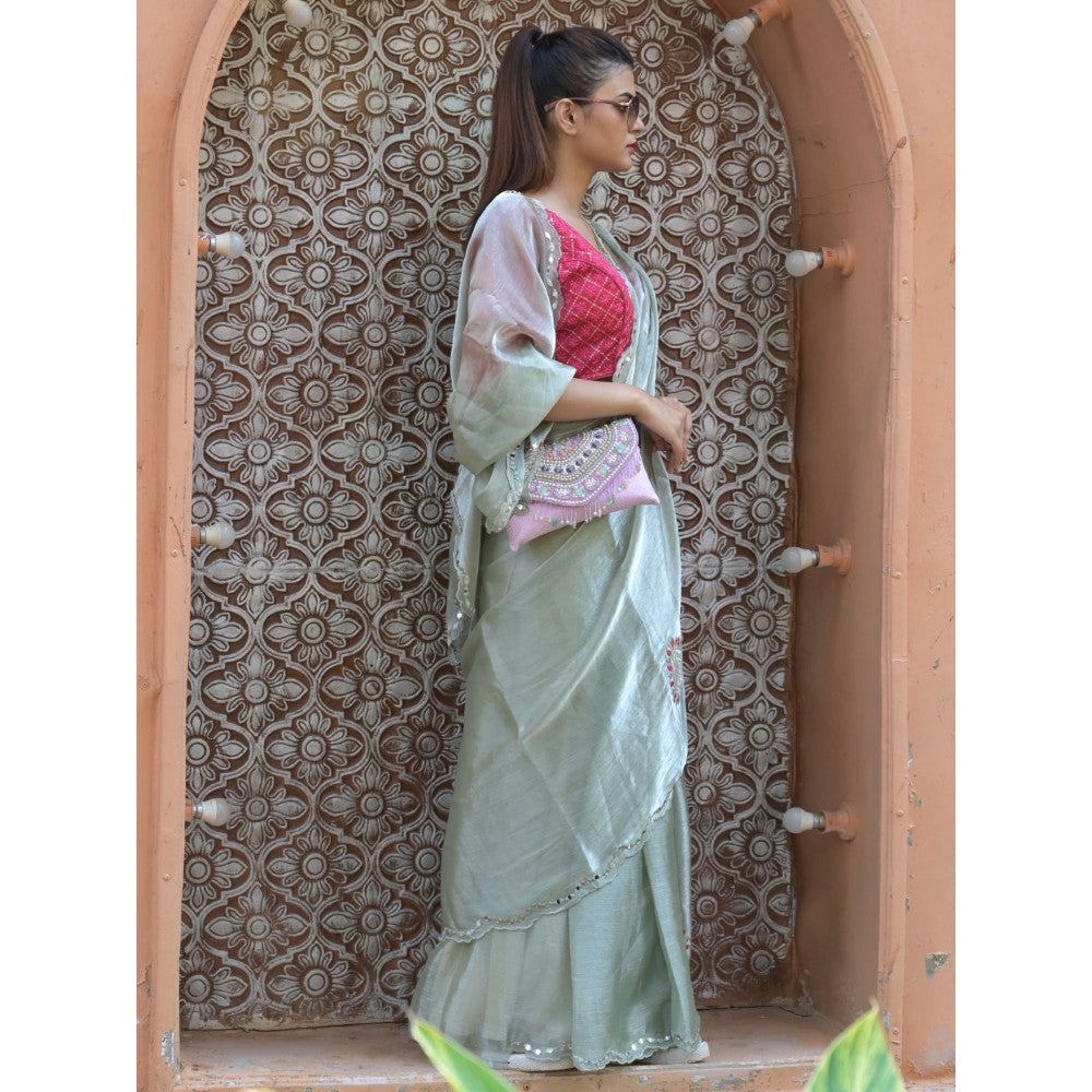 Odette Light Green Mirror Work Embroidered Jimmy Choo Saree with Unstitched Blouse