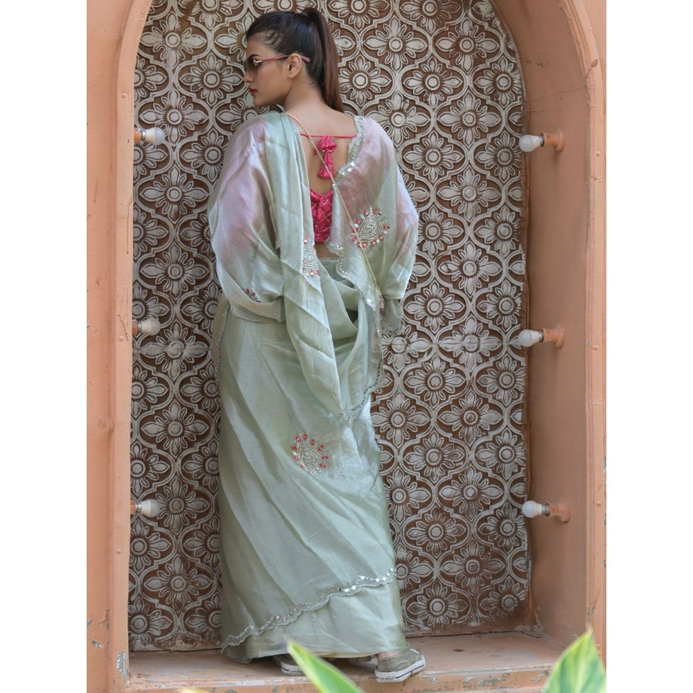 Odette Light Green Mirror Work Embroidered Jimmy Choo Saree with Unstitched Blouse