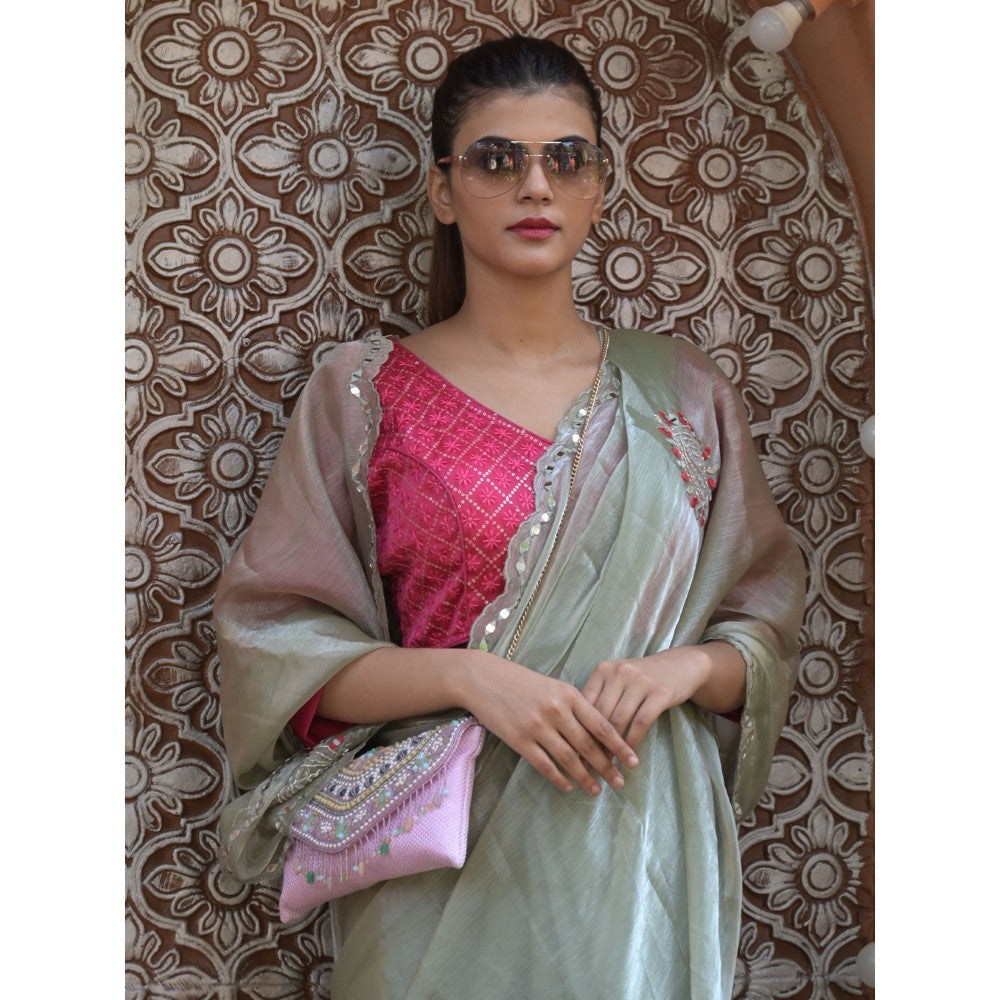 Odette Light Green Mirror Work Embroidered Jimmy Choo Saree with Unstitched Blouse