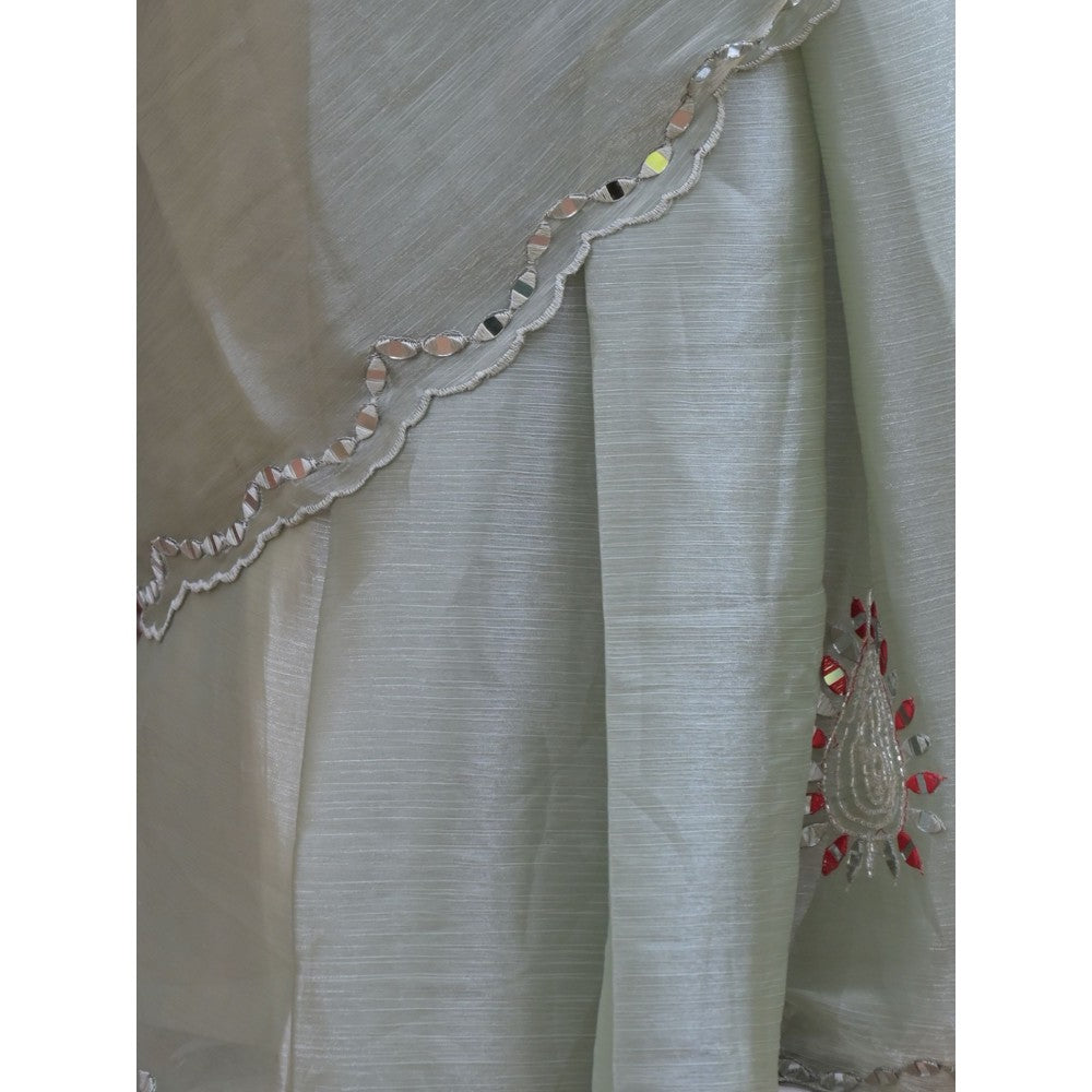 Odette Light Green Mirror Work Embroidered Jimmy Choo Saree with Unstitched Blouse