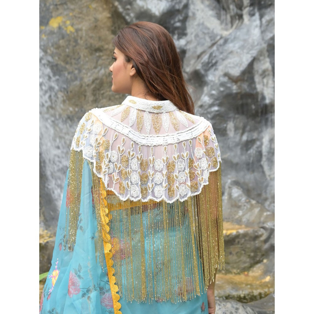 Odette Women White and Gold Sequins- Beads Embellished Cape