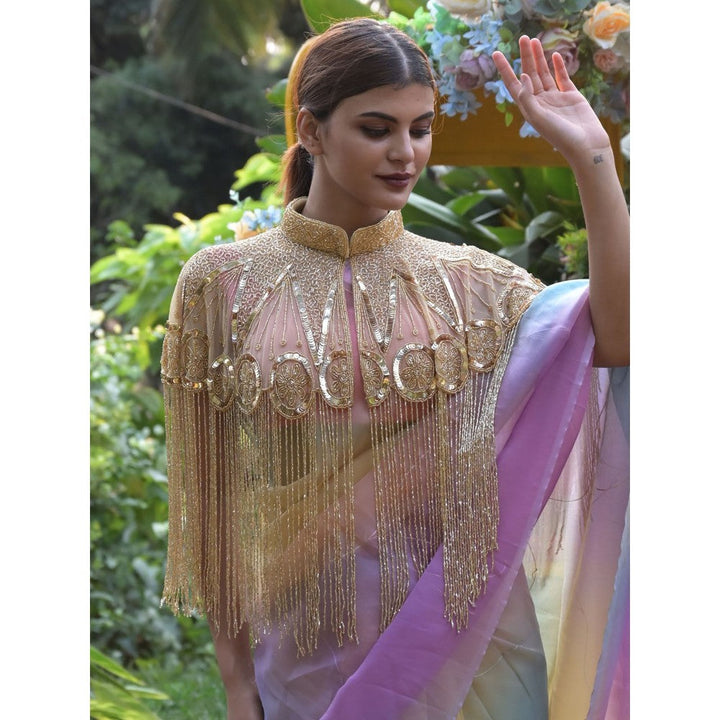 Odette Women Gold Sequins and Beads Embellished- Tassels Cape