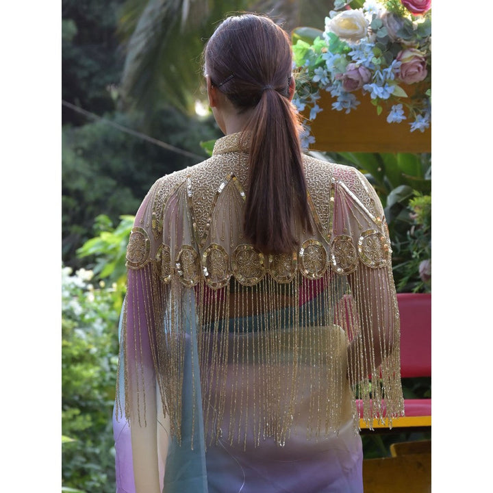 Odette Women Gold Sequins and Beads Embellished- Tassels Cape