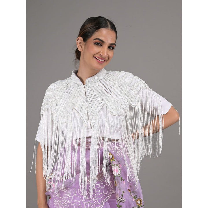 Odette Women White Sequins and Beads Embellished Tassels Cape