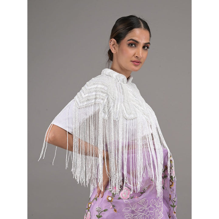 Odette Women White Sequins and Beads Embellished Tassels Cape