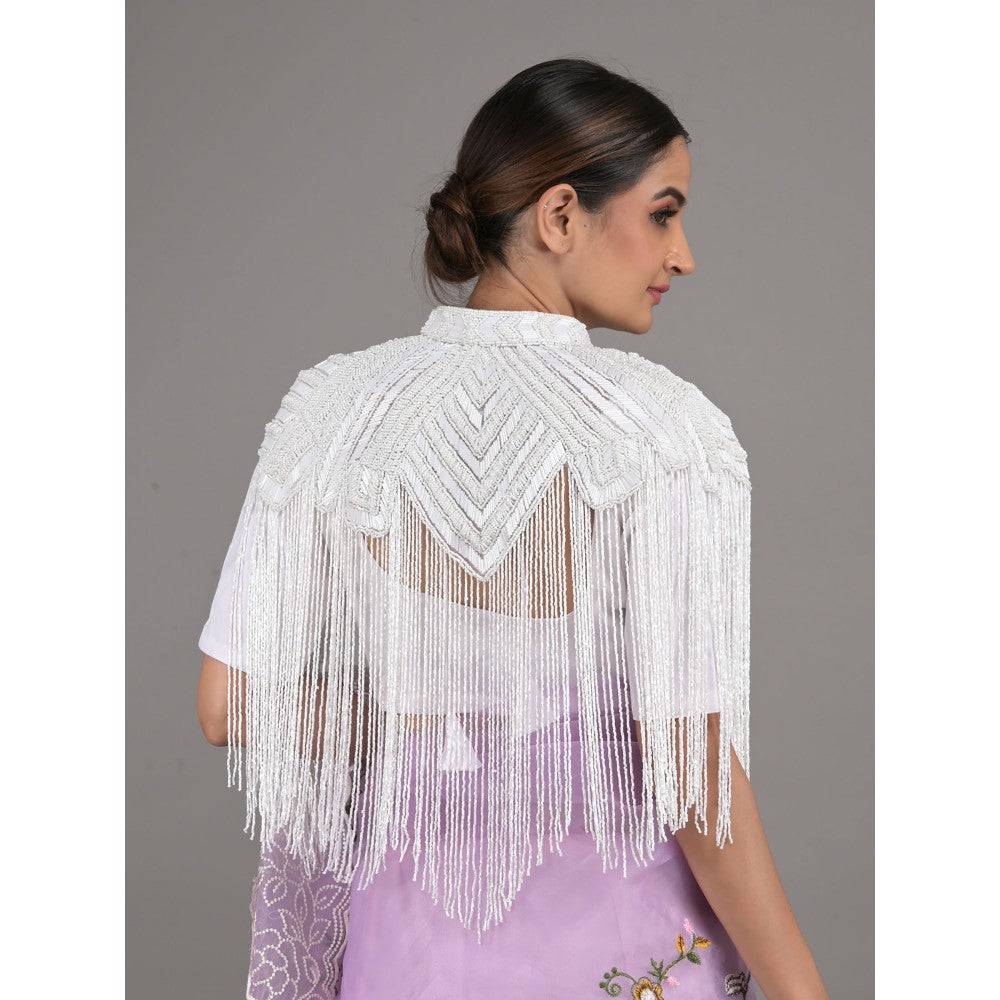 Odette Women White Sequins and Beads Embellished Tassels Cape