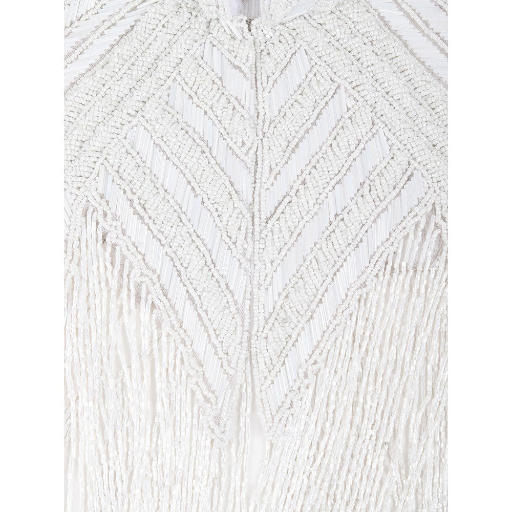 Odette Women White Sequins and Beads Embellished Tassels Cape