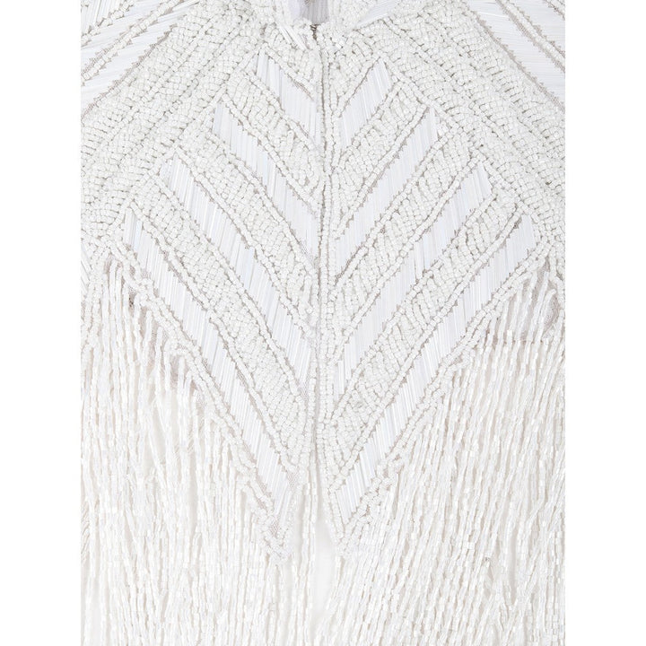 Odette Women White Sequins and Beads Embellished Tassels Cape