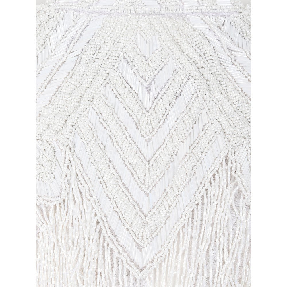 Odette Women White Sequins and Beads Embellished Tassels Cape