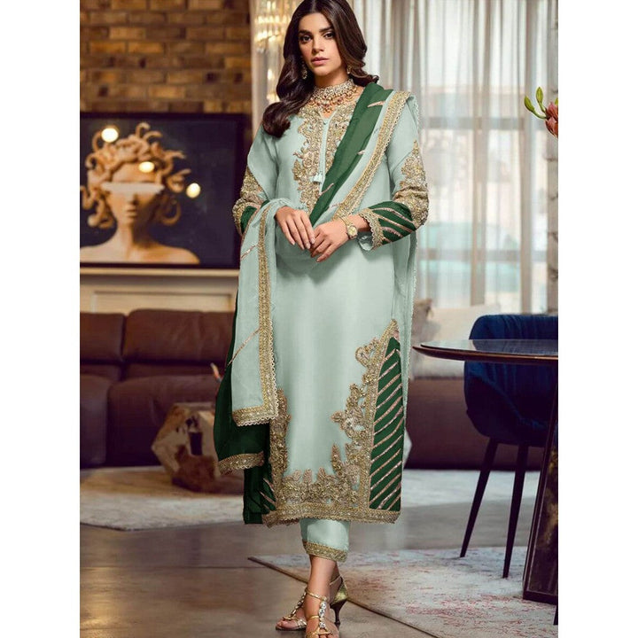 Odette Light Green Georgette Embellished Semi Stitched Kurta with Bottom & Dupatta (Set of 3)