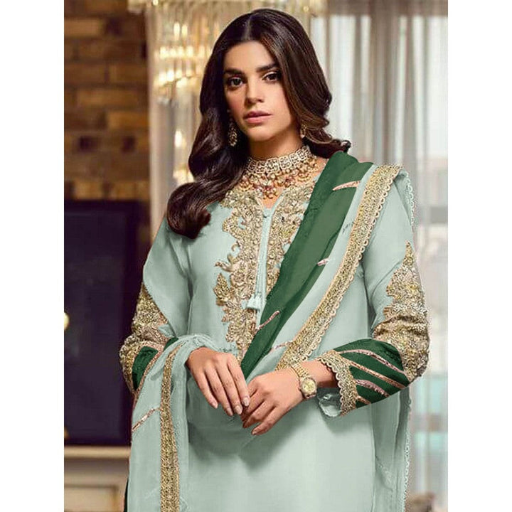 Odette Light Green Georgette Embellished Semi Stitched Kurta with Bottom & Dupatta (Set of 3)