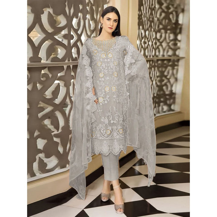 Odette Grey Georgette Embroidered Semi Stitched Kurta with Bottom & Dupatta (Set of 3)