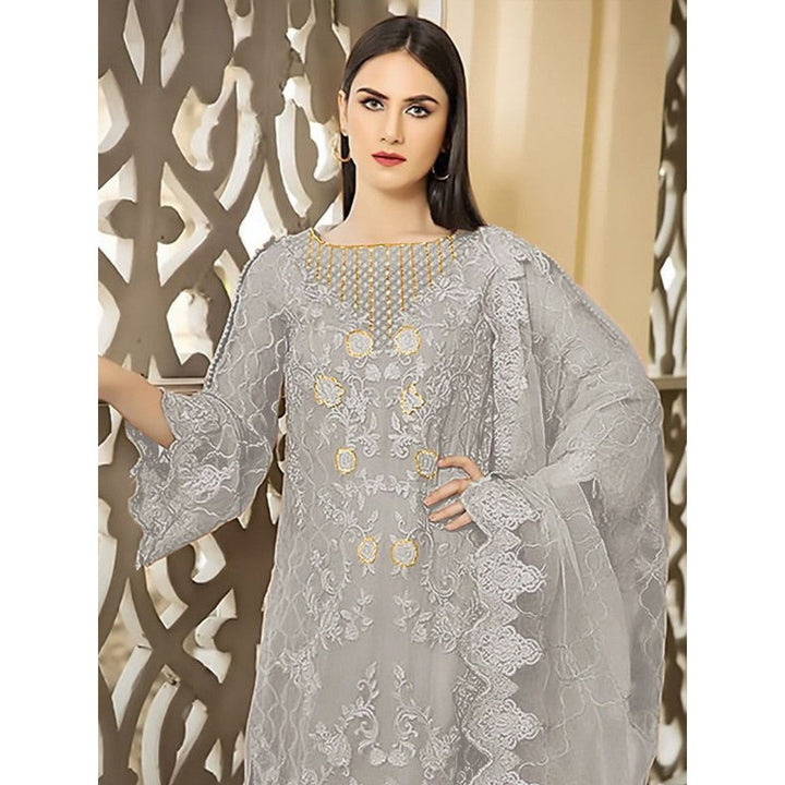 Odette Grey Georgette Embroidered Semi Stitched Kurta with Bottom & Dupatta (Set of 3)