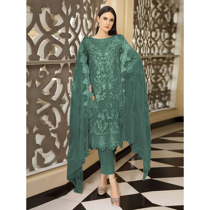 Odette Green Georgette Embroidered Semi Stitched Kurta with Bottom & Dupatta (Set of 3)