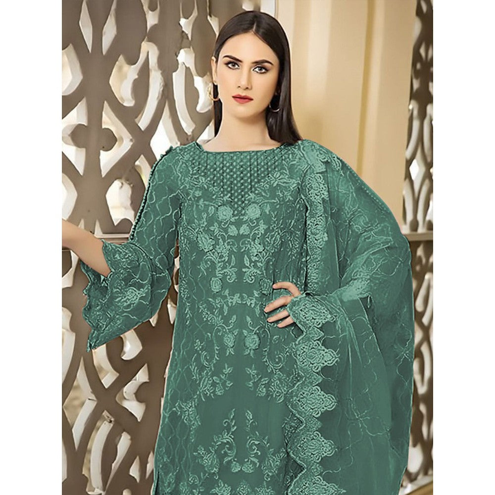 Odette Green Georgette Embroidered Semi Stitched Kurta with Bottom & Dupatta (Set of 3)