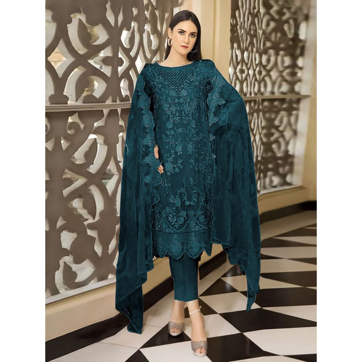 Odette Teal Georgette Embroidered Semi Stitched Kurta with Bottom & Dupatta (Set of 3)