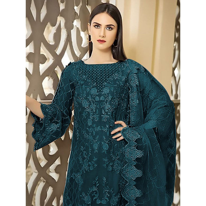 Odette Teal Georgette Embroidered Semi Stitched Kurta with Bottom & Dupatta (Set of 3)