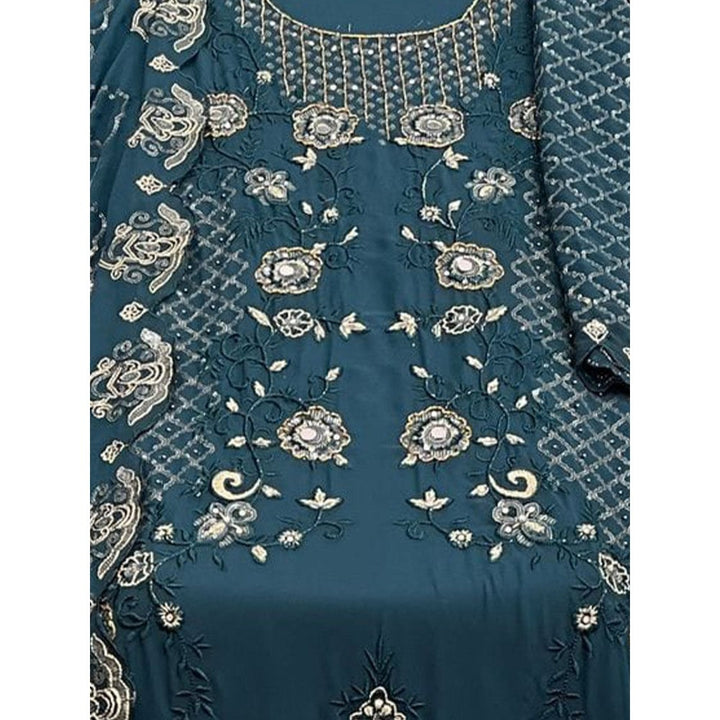 Odette Teal Georgette Embroidered Semi Stitched Kurta with Bottom & Dupatta (Set of 3)