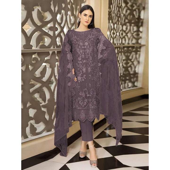 Odette Grey Georgette Embroidered Semi Stitched Kurta with Bottom & Dupatta (Set of 3)