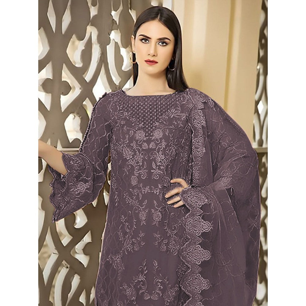 Odette Grey Georgette Embroidered Semi Stitched Kurta with Bottom & Dupatta (Set of 3)