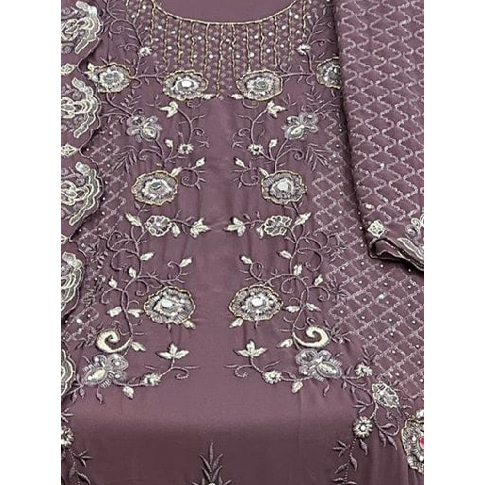 Odette Grey Georgette Embroidered Semi Stitched Kurta with Bottom & Dupatta (Set of 3)