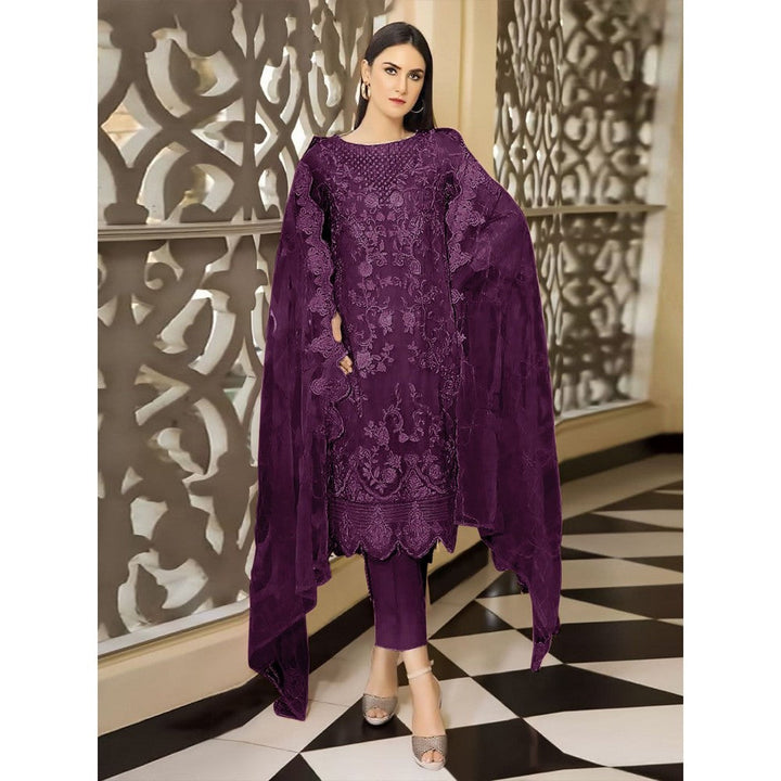 Odette Wine Georgette Embroidered Semi Stitched Kurta with Bottom & Dupatta (Set of 3)