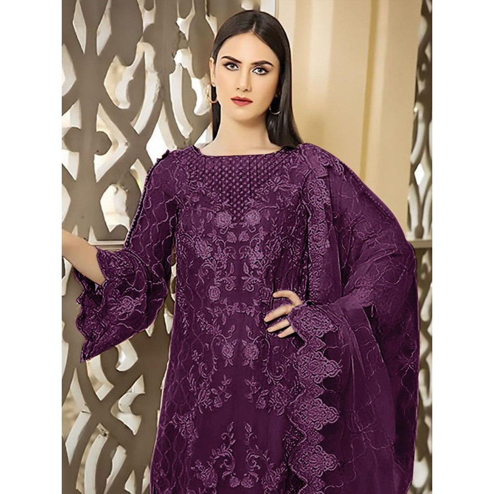 Odette Wine Georgette Embroidered Semi Stitched Kurta with Bottom & Dupatta (Set of 3)